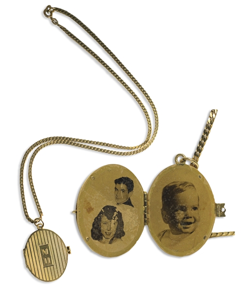 Moe Howard's 14K Gold Locket & Chain, Engraved ''MH'' -- Opens to Photos of His Daughter's Family: Joan & Howard Maurer & Their Son Michael -- Approx. 20 Grams Gold Total, Locket Measures 1'' x 1.5''
